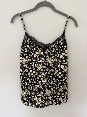 Abercrombie & Fitch lace-trimmed satin camisole black, ivory, yellow floral XXS